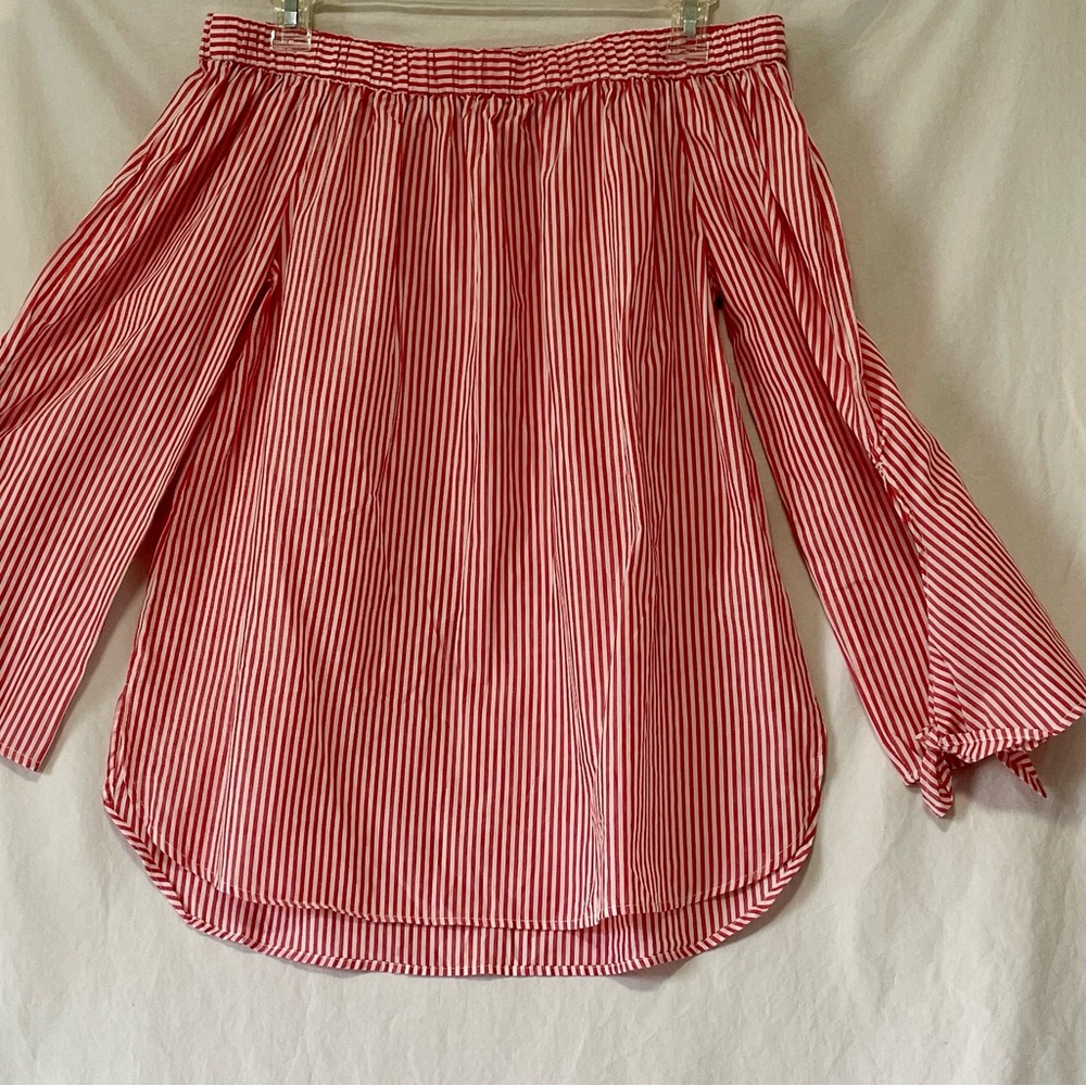beachlunchlounge Red and White Striped Off-Shoulder Bell Sleeve Top, Sz S/P